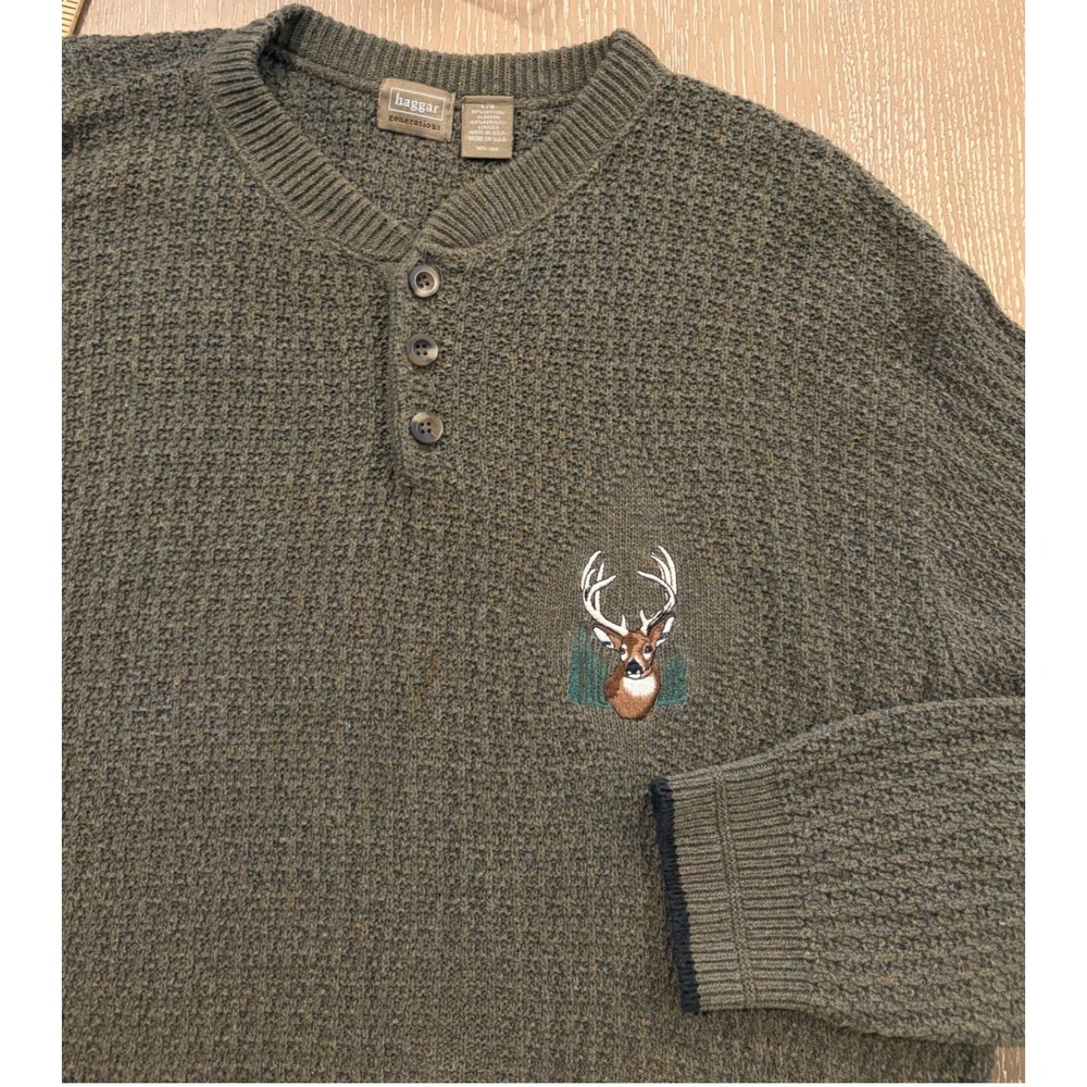 Haggar Generations Mens L Brown‎ Henley Sweater Deer Logo Waffle Knit Pullover